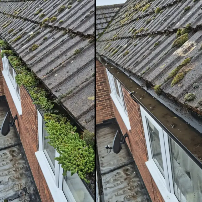 Split image of a gutter full of moss and weeds on the left and the same gutter cleared on the right