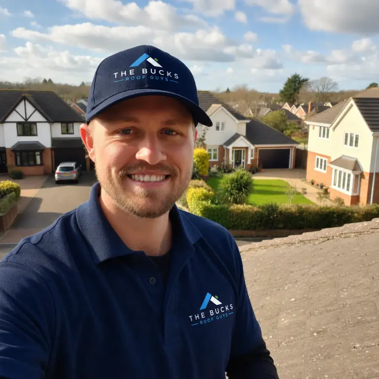 The owner of The Bucks Roof Guys on a roof in a branded polo shirt and cap